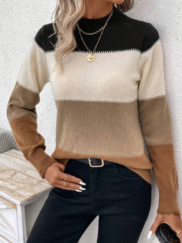 Damen Rundhals Strickpullover mit modernen Farbkombinationen Drune