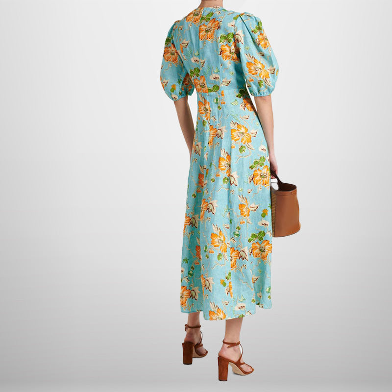 Damen Midikleid mit voluminösen Puffärmeln und floralem Muster Drune