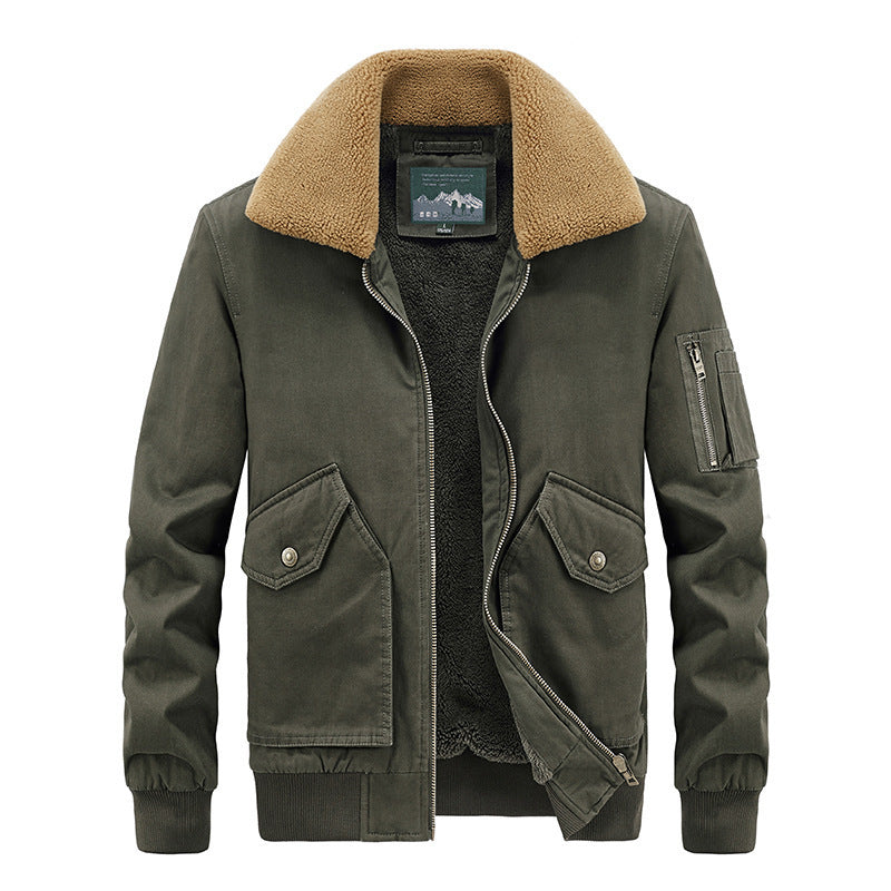 Herren Aviator-Bomberjacke aus Canvas mit Sherpa-Kragen, Teddyfutter und Multifunktionstaschen Drune