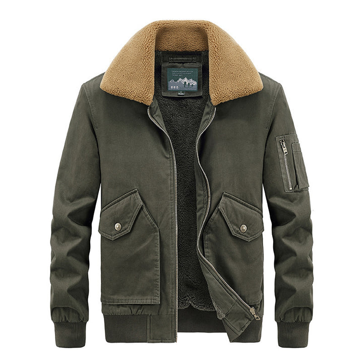 Herren Aviator-Bomberjacke aus Canvas mit Sherpa-Kragen, Teddyfutter und Multifunktionstaschen Drune