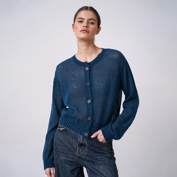 Damen Modischer, leicht transparenter Strickcardigan mit Knopfleiste Drune