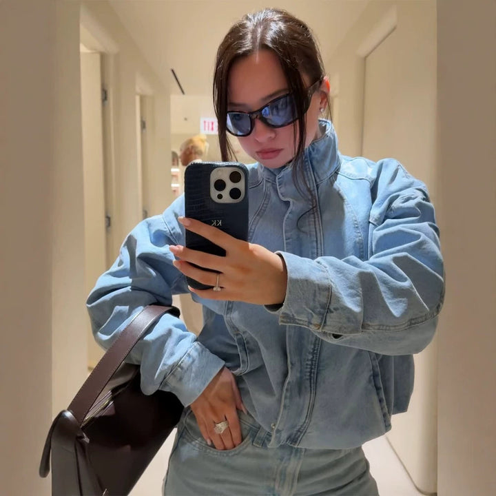 Damen Cropped Denimjacke im Bomberstil mit hohem Stehkragen und oversized Ärmeln Drune