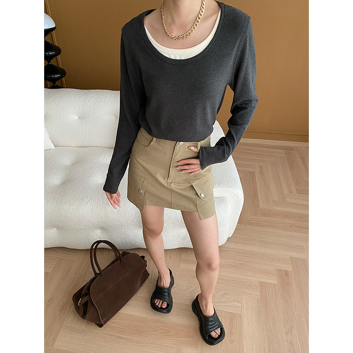 Damen lässiger Longsleeve mit großzügigem Rundhalsausschnitt und elegantem Untertop Drune