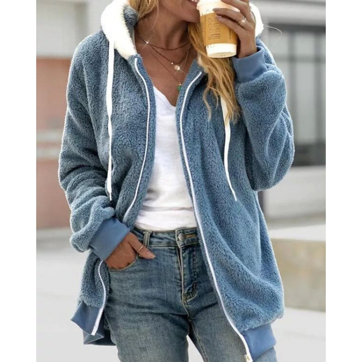 Damen Oversized Sherpa-Zipjacke mit Kontrastkragen, Rippbündchen und Kordelzug Drune