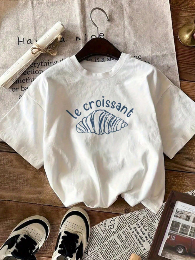 Damen Casual Grafik T-Shirt mit Croissant Design Drune