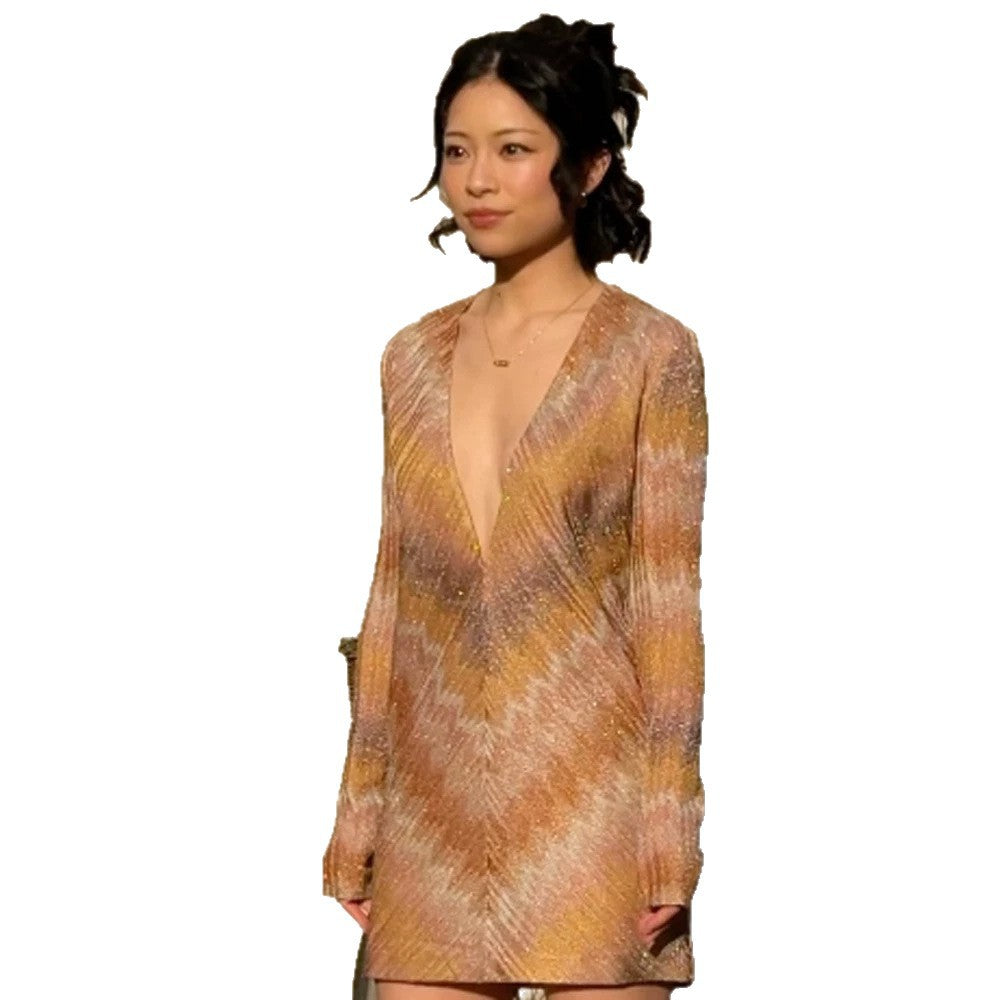 Damen Glitzerndes Strick-Minikleid mit tiefem V-Ausschnitt Drune