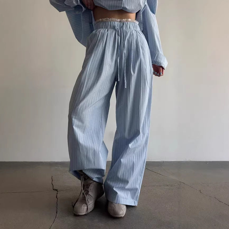 Damen lässiges Zweiteiler-Set mit weiten Hosen und gestreiftem Hemd