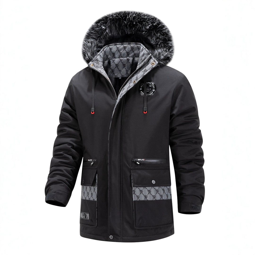 Herren Langer Thermo-Parka mit Kapuze, Logo-Innenfutter und Multifunktions-Taschen Drune