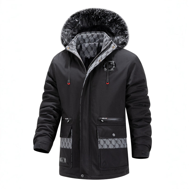 Herren Langer Thermo-Parka mit Kapuze, Logo-Innenfutter und Multifunktions-Taschen Drune