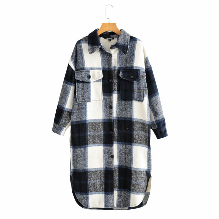 Damen Oversize-kariertes Longline-Überhemd mit Brustklappen Drune