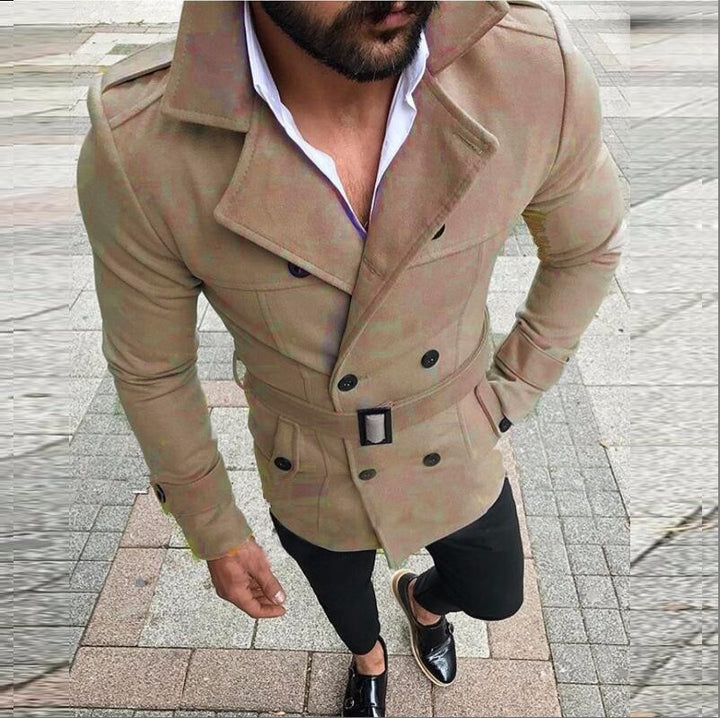 Herren eleganter Trenchcoat mit modischem Gürtel und doppelter Knopfleiste Drune