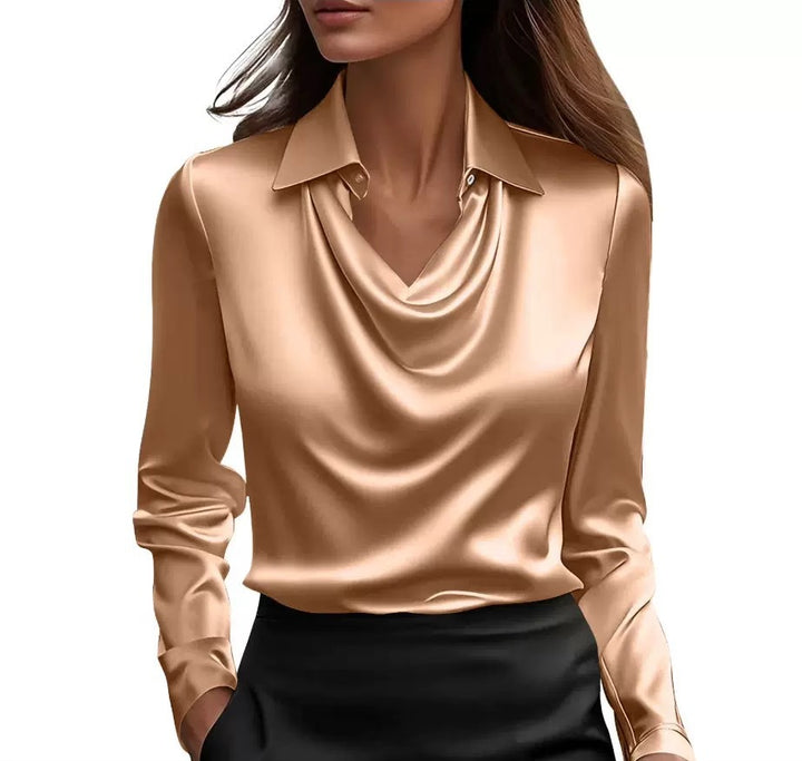 Damen Satinbluse mit Wasserfallkragen und Hemdkragen Drune
