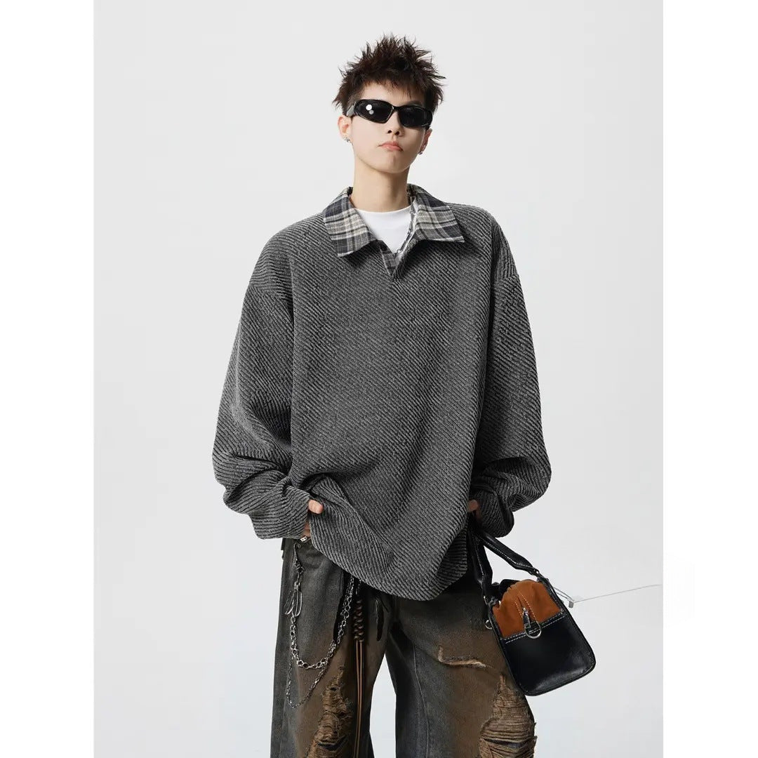 Herren Oversize Strukturiertes Sweatshirt mit Polokragen und diagonaler Strickstruktur Drune