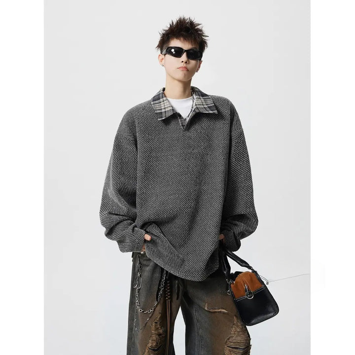 Herren Oversize Strukturiertes Sweatshirt mit Polokragen und diagonaler Strickstruktur Drune