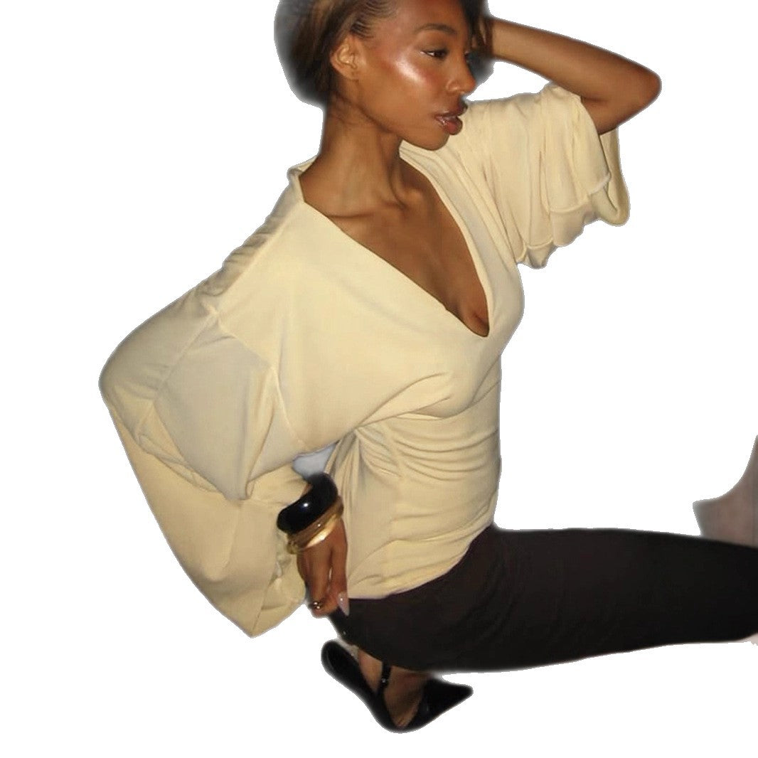 Damen nan tailliertes Langarm-Cropped-Shirt mit V‑Ausschnitt, überschnittener Schulter und soften Jersey-Qualität Drune
