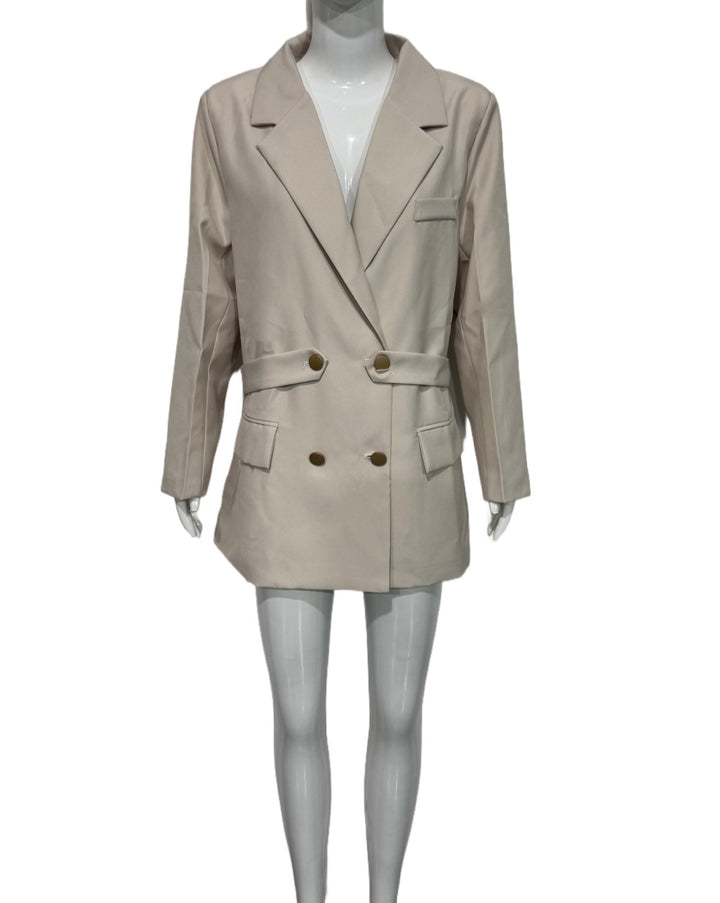 Damen Oversize Doppelreihiger Blazer‑Mantel mit Taillenriegel und goldenen Schmuckknöpfen Drune