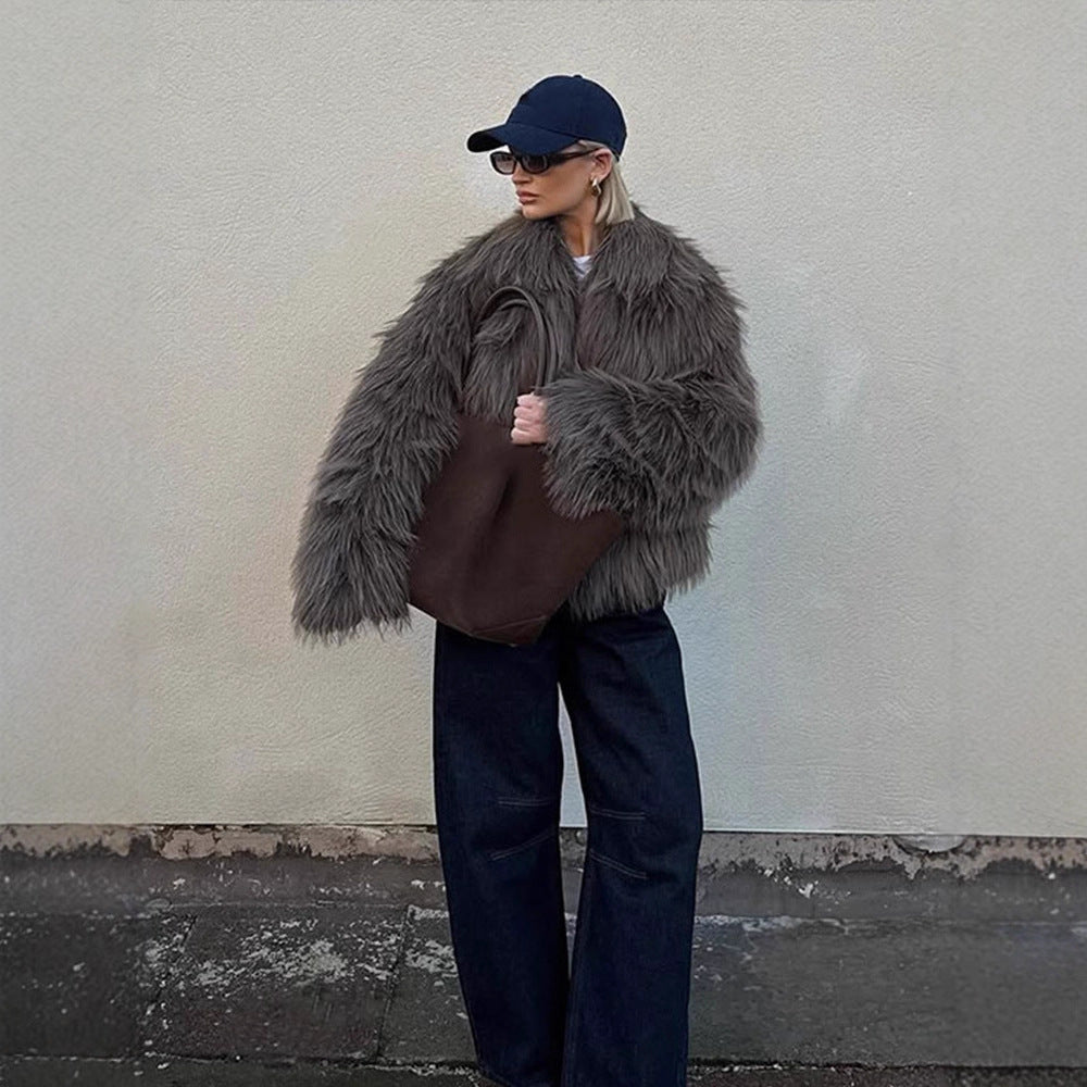 Damen Oversize Kurzjacke aus Kunstfell im Shaggy-Look mit voluminösem Schalkragen Drune