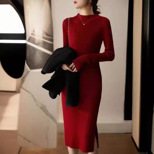 Damen Strickkleid mit hohem Kragen und seitlichen Schlitzen Drune
