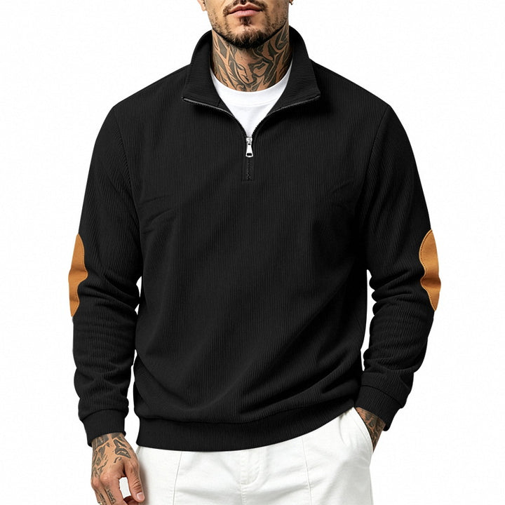 Herren nan Halbzip-Sweatshirt mit Stehkragen, feiner Waffelstruktur und Lederoptik-Ellenbogenpatchs Drune