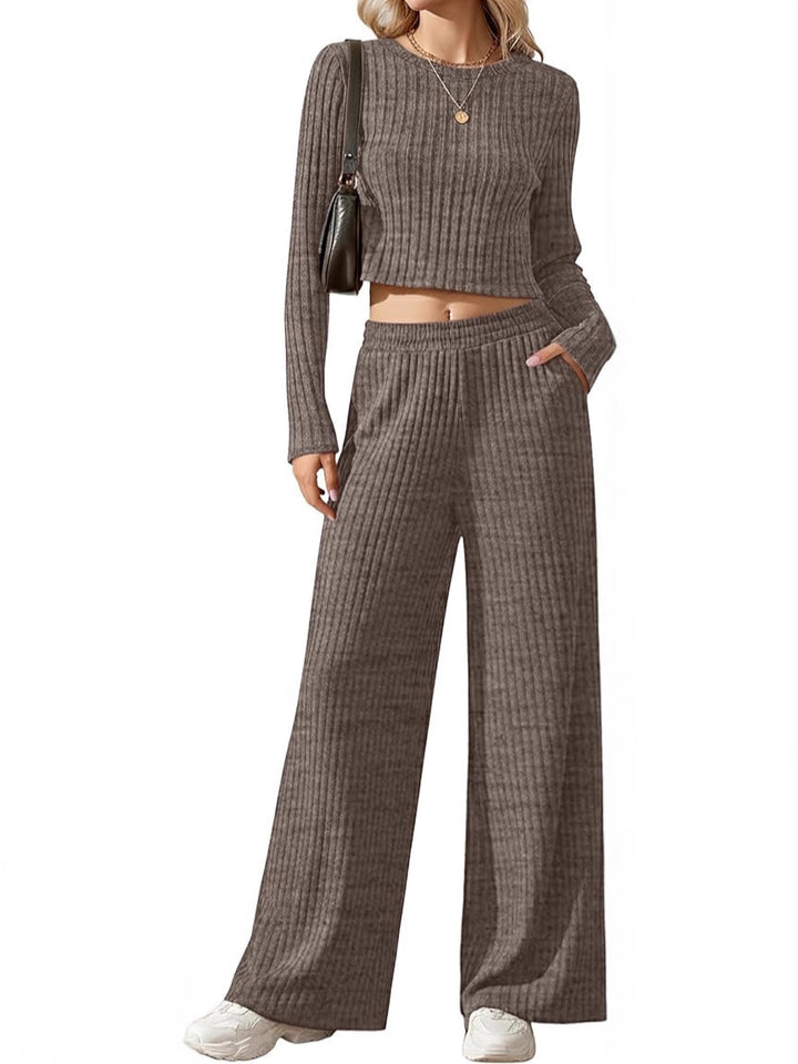 Damen Geripptes Feinstrick-Lounge-Set mit Cropped Langarmtop und High-Waist Palazzohose Drune