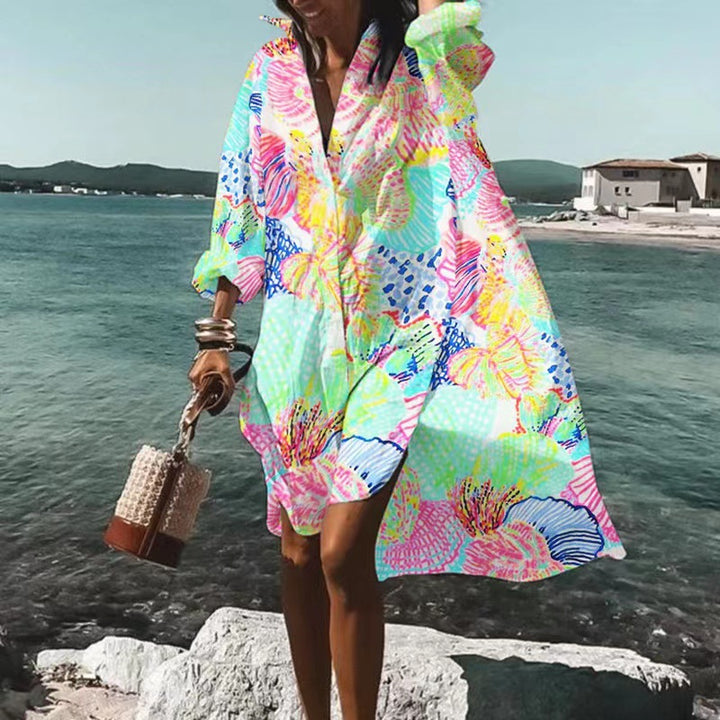 Damen nan luftiges Strandkleid Kaftan mit tropischem Blattprint und weitem Schnitt Drune