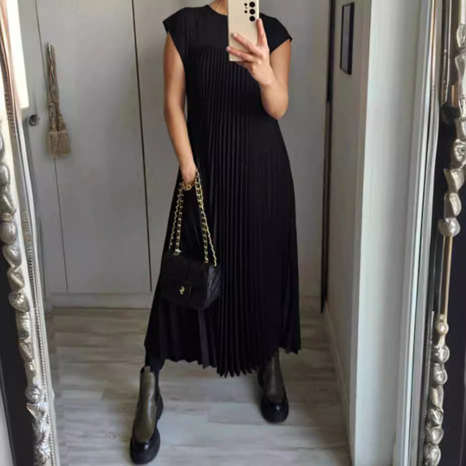 Damen nan fließendes plissiertes Maxikleid mit überschnittenen Schultern und Eingrifftaschen Drune