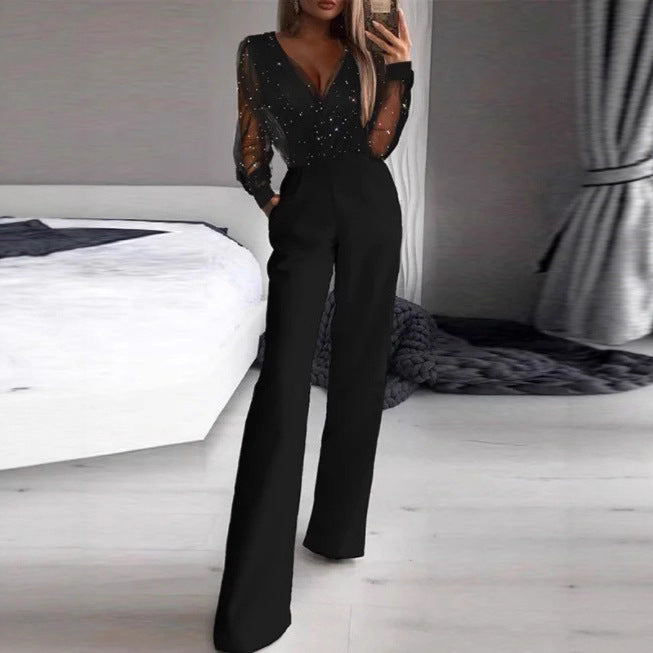 Damen Elegante Jumpsuit mit transparenter Bluse und schimmernden Akzenten Drune