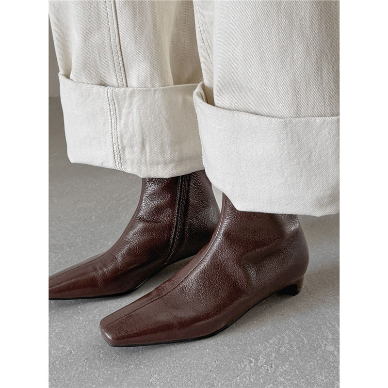 Damen Elegante Leder‑Ankle‑Boots mit quadratischer Zehenform, kurzem Sculpted‑Absatz und Innenreißverschluss Drune