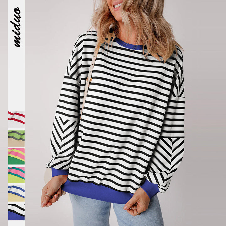 Damen lässiges gestreiftes Sweatshirt mit Boxy-Schnitt und kontrastierenden Abschlüssen Drune