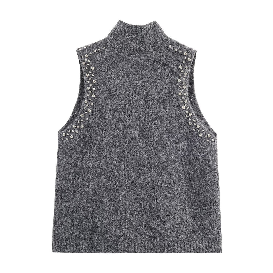 Damen ärmelloses Strickoberteil mit eleganten Perlenverzierungen Drune