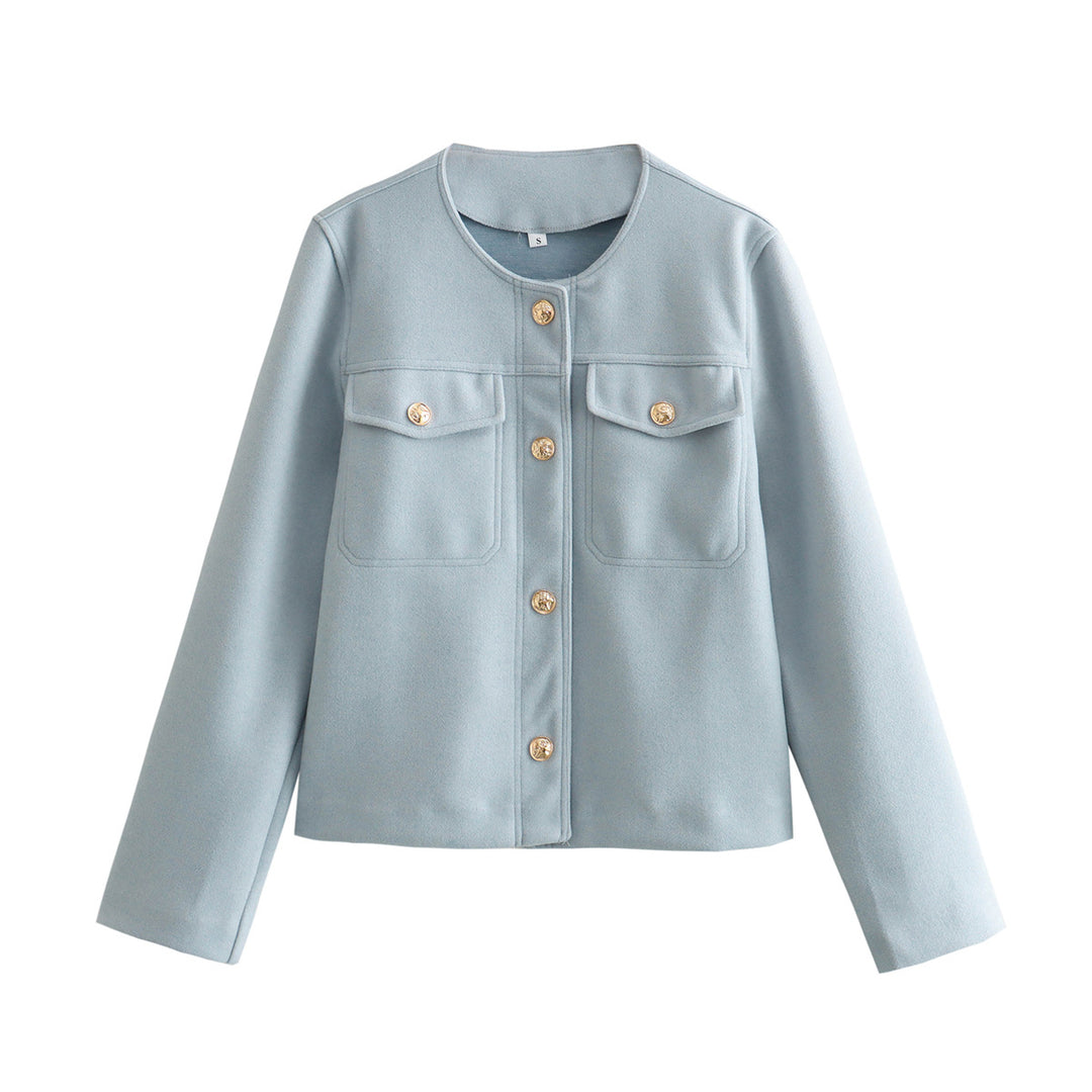 Damen elegante Modische Jacke mit zwei aufgesetzten Taschen und goldenen Knopfdetails Drune