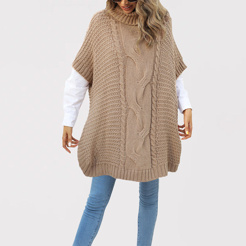Damen Strickponcho mit hohen Kragen und Kabelmuster Drune