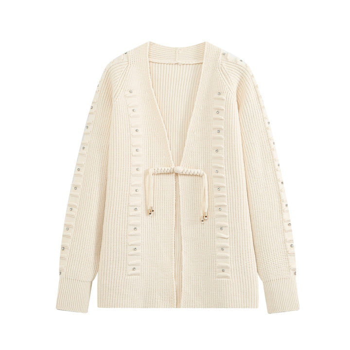 Damen Grobstrick-Cardigan mit Tunnelzug und Strassapplikation Drune