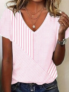 Damen nan gestreifte V-Ausschnitt-Bluse mit asymmetrischem Streifenmix und Kurzarm Drune