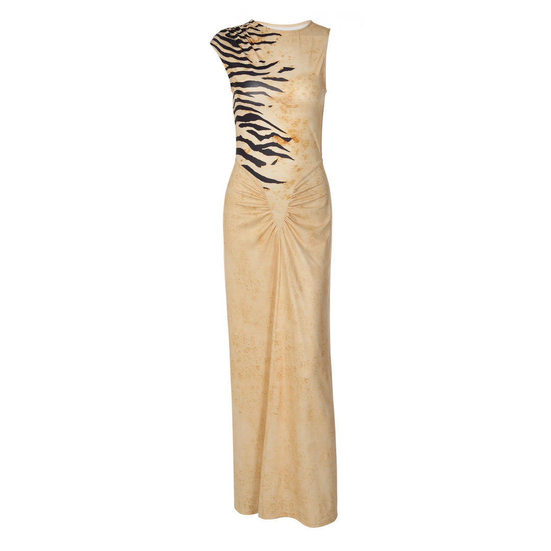 Damen Maxikleid mit raffinierter Drapierung und Animal-Print Drune