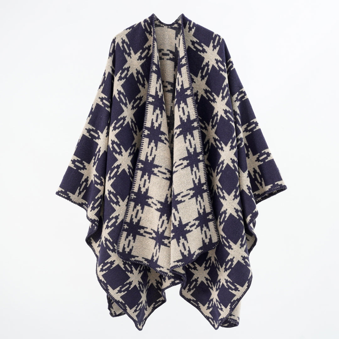 Damen Oversize-Jacquard-Cape mit Sternmotiv und kontrastierter Kettelkante Drune