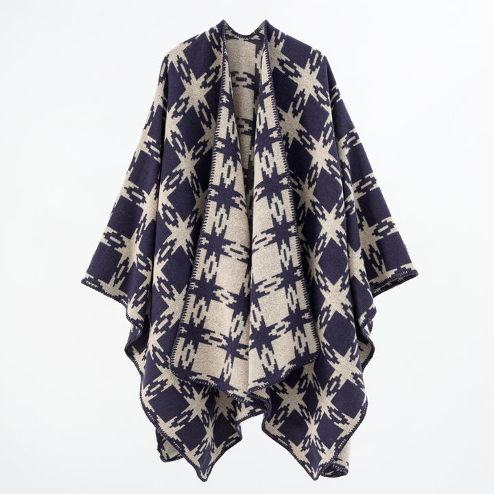 Damen Oversize-Jacquard-Cape mit Sternmotiv und kontrastierter Kettelkante Drune