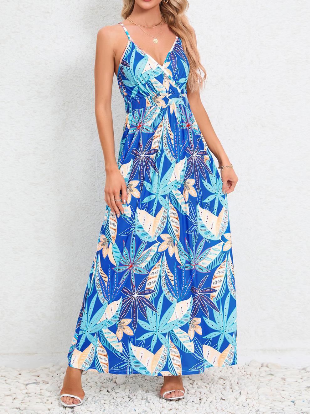 Damen Maxikleid mit zartem V-Ausschnitt und buntem Pflanzenmuster Drune