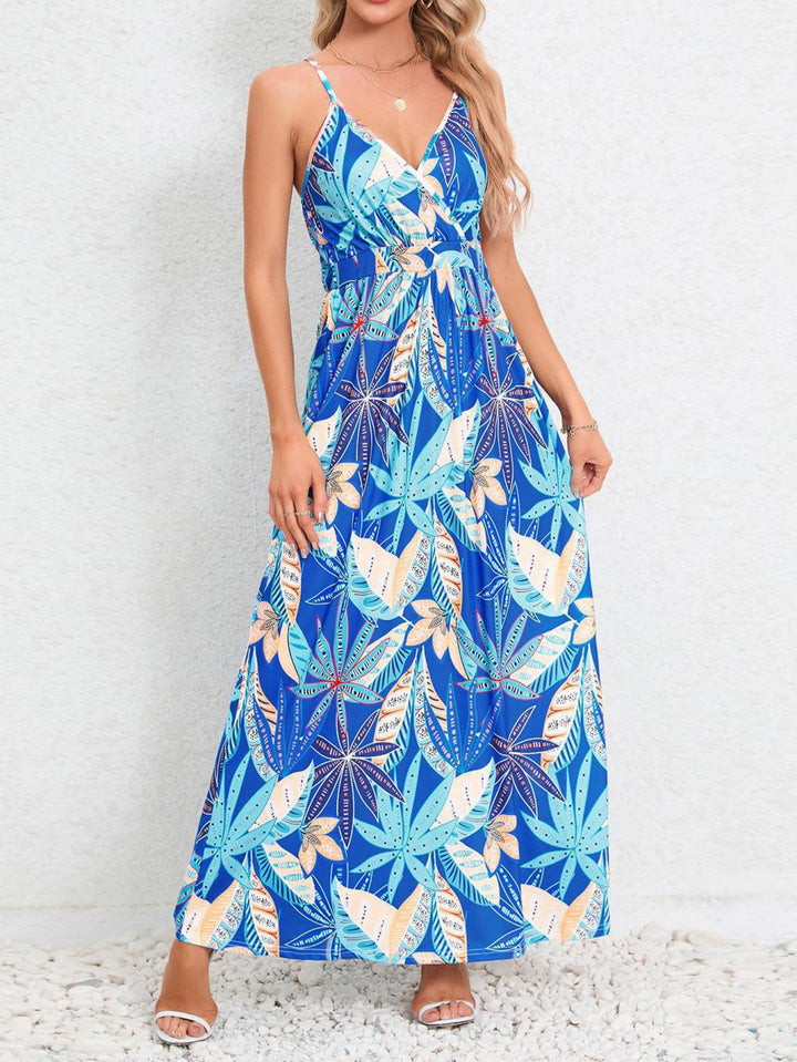 Damen Maxikleid mit zartem V-Ausschnitt und buntem Pflanzenmuster Drune