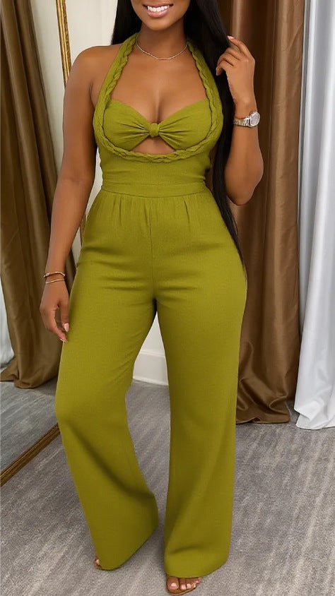 Damen nan taillierter Halter-Einteiler mit geflochtenen Trägern, geknotetem Bustier und weitem Hosenbein Drune