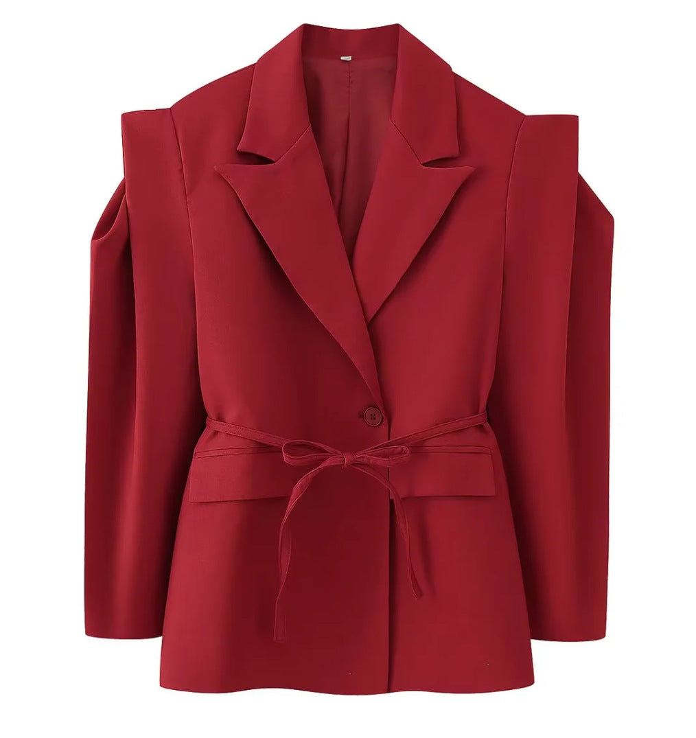 Damen elegante Blazerjacke mit tailliertem Schnitt und Bindegürtel Drune