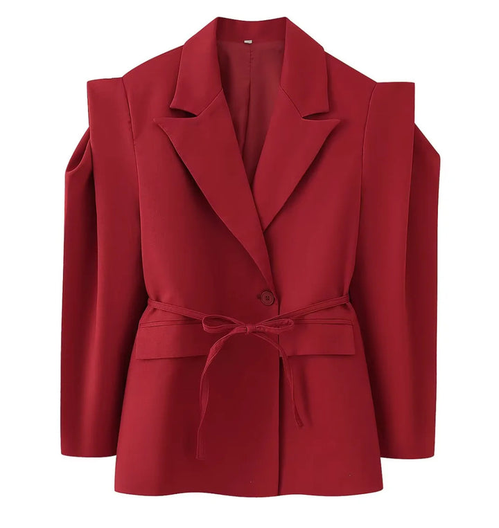 Damen elegante Blazerjacke mit tailliertem Schnitt und Bindegürtel Drune