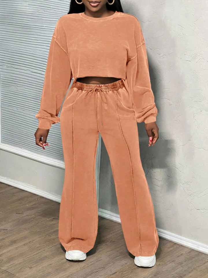 Damen cropped Loungewear-Set mit weitem Hosenbein und hohem Bund Drune