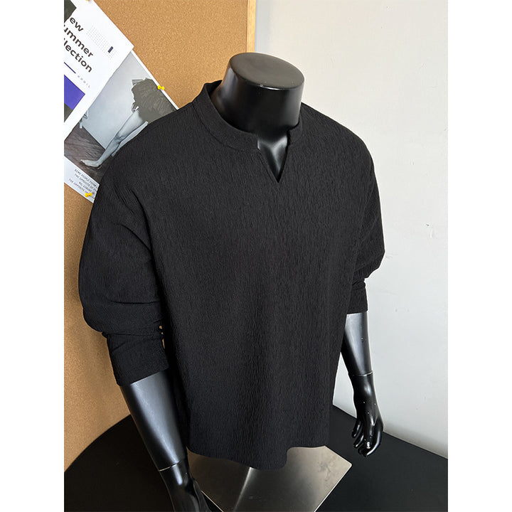 Herren Feinstrukturiertes Langarmshirt mit Stehkragen und V‑Einsatz Drune