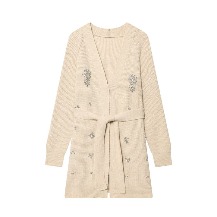 Damen Longcardigan mit Bindegürtel und Schmuckstein‑Applikation Drune