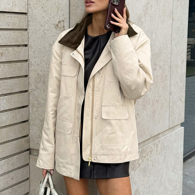Damen Elegante Utility-Jacke mit samtigem Kragen und praktischen Taschen Drune