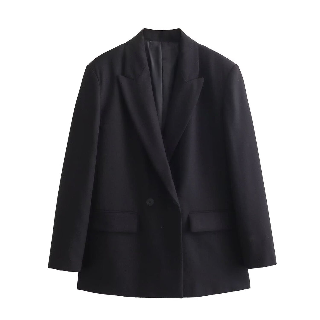 Damen Doppelreiher-Blazer mit Reverskragen, längerem Oversize-Schnitt und Pattentaschen Drune
