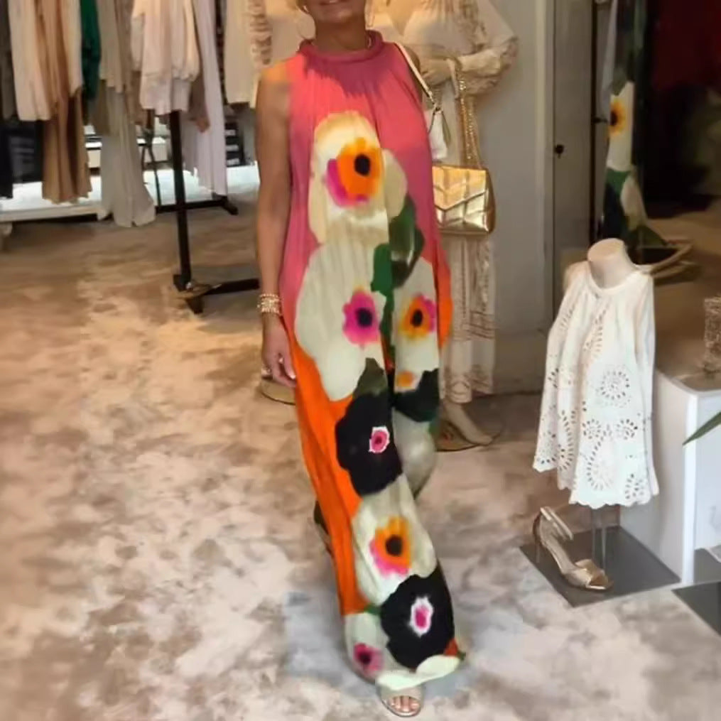 Damen nan ärmelloses Maxikleid mit gerafftem Stehkragen, weitem Palazzoschnitt und großfloralem Druck Drune
