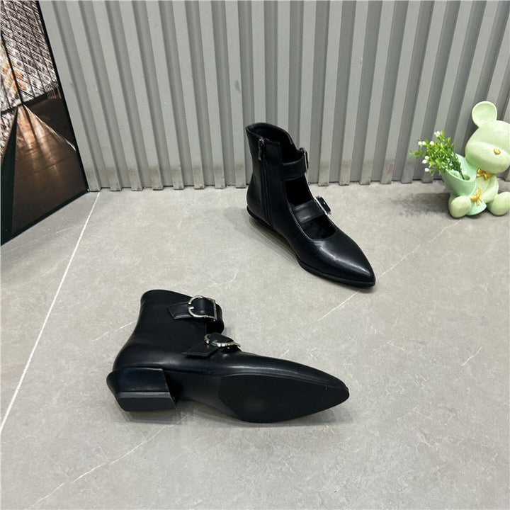 Damen Spitz zulaufende Ankle-Boots mit Doppelriemen, Schnallen und niedrigem Blockabsatz Drune