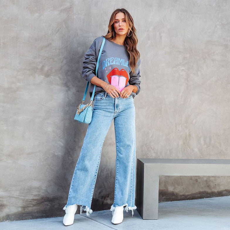 Damen Weite Jeans mit fransigem Saum Drune